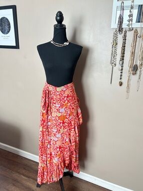 Harem boho maxi wrap skirt orange red floral rayon resort summer Skirt dress S